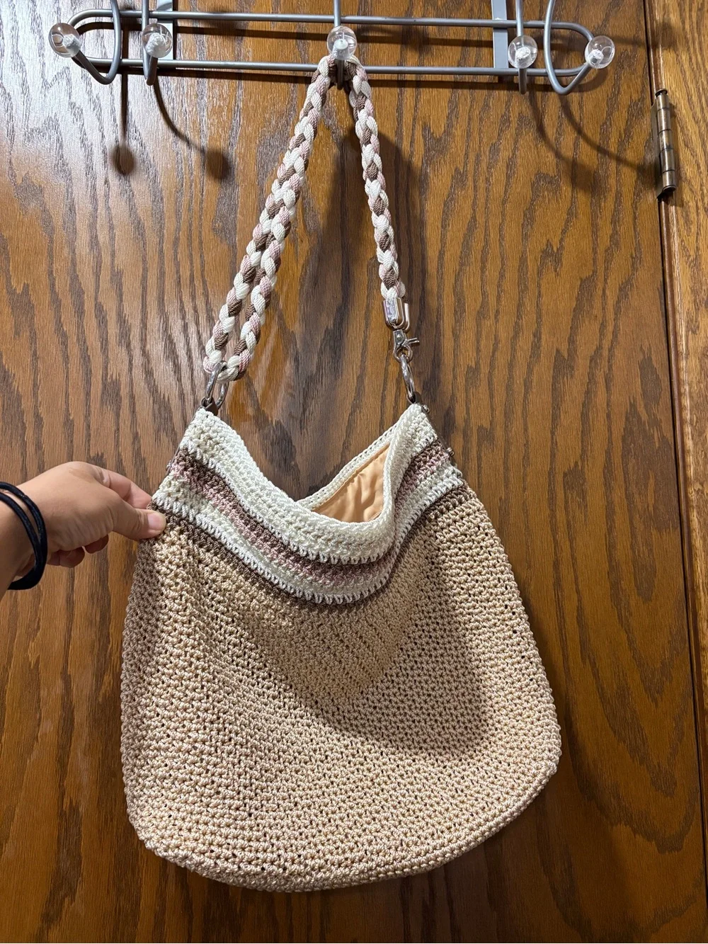 The Sak Cream Tan Pink Crochet Shoulder Bag Hobo Braided Crossbody Adjustable
